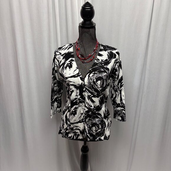 AB Studio Sweater Womens Size Large Black White Floral Button Front Cardigan - Picture 1 of 8